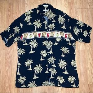 Vintage Pierre Cardin Black Button Up Mens L Drinks Hawaiian Vacation 90s Shirt